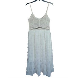POL Nashville Nights Crochet & Tiered Tulle Mesh Midi Dress Cream EUC One Size